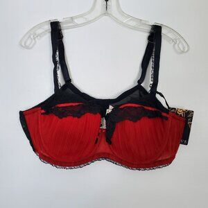 Vintage Cacique 44C Red Black Mesh Flaunt Balconette Bra Pinup Lingerie NWT